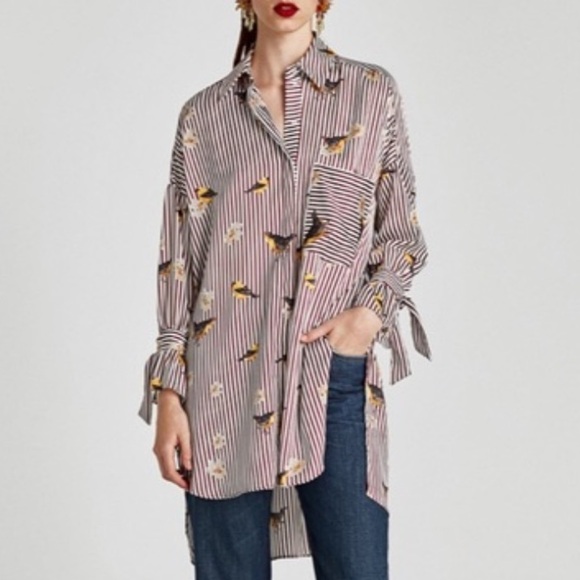 Zara Basic Collection Oversized Bird Print Top Burgundy Stripes Size Medium - Picture 6 of 6